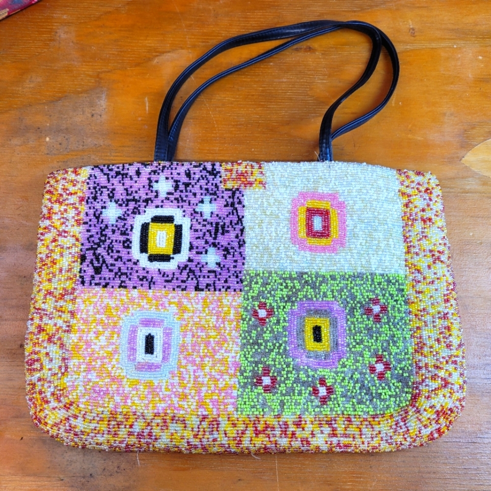 Vintage fully beaded purse art wear abstract bag boutique hand bag